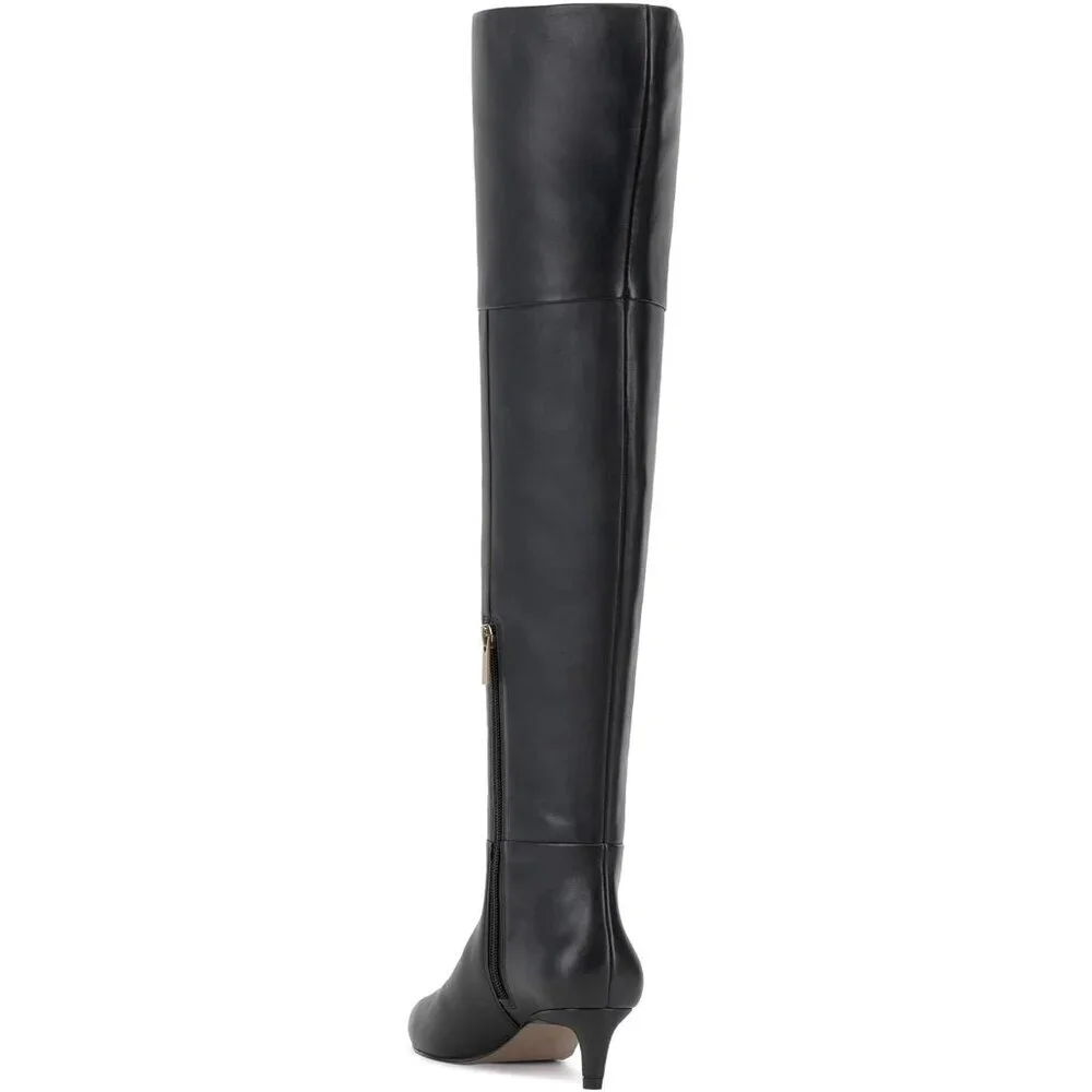 Women Black Pu Thigh High Pointed Toe Kitten Heel Over the Knee Long Boot